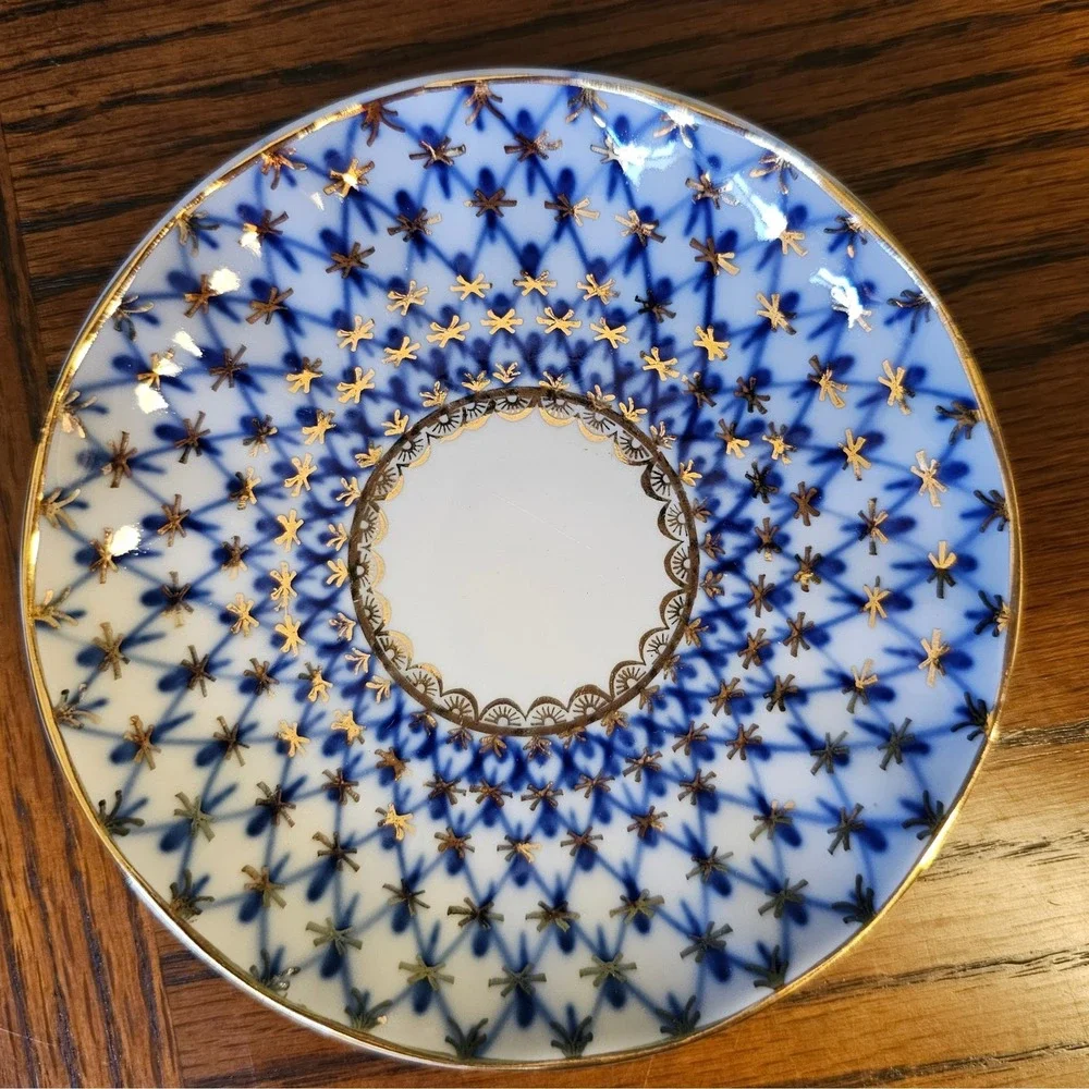 Lomonosov Imperial Porcelain Cobalt Net Tea Cup and Saucer Set Made in USSR 22K